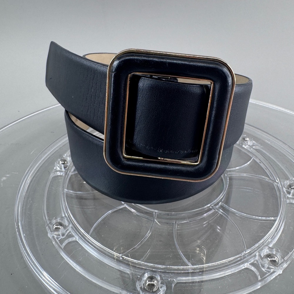 Ann Taylor Womens Leather Belt Square Buckle Gold Tone Black XS/S 6921